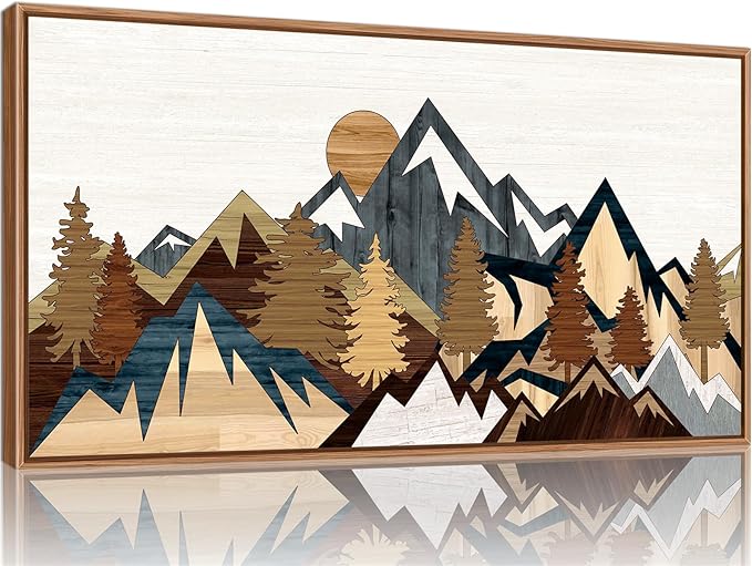 SIGNINART Vintage Mountain Framed Canvas Wall Art, Boho Sunrise Art Prints, Forest Nature Wilderness Art Paintings, Modern Farmhouse Woodcut Style Wall Decor for Living Room Bedroom, Office 20"x40"