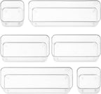 primebox Six Pieces - Clear Plastic Drawer Organizer Bins - Stackable, Non-Slip, 3 Sizes