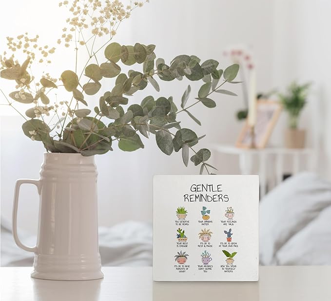 kunlisa Gentle Reminders Mental Health Funny Potted Plant Wooden Box Sign Desk Decor,Rustic Wood Block Plaque Box Sign for Therapy School Counseling Office Wall Shelf Tabletop Decoration