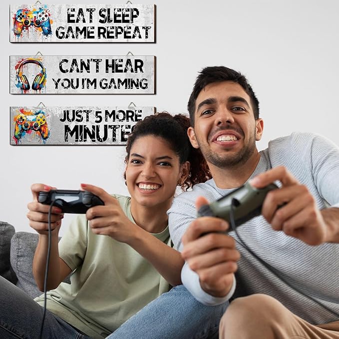 Hatzelou 3Pcs Game Wall Art Wooden Sign, Little Man Cave Sign Hanging, Game Hanging Wall Art Decor Sign, Gamer Wall Plaques Decor for Boys Kids Bedroom Playroom Nursery
