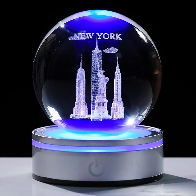 Movdyka 3D Crystal Ball Statue of Liberty New York Souvenirs Gifts for Women Men Snow Globe Night Light, Laser Engraved Empire State Building Figurine Home Room Decor Glass Art Crafts