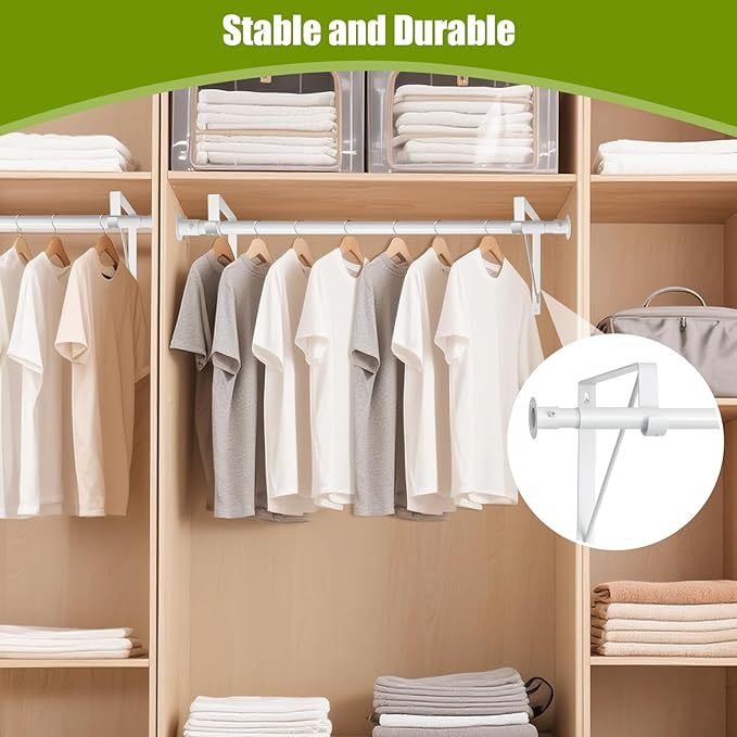 Closet Rod, 16 to 75 Inch Clothes Rods Heavy Duty Adjustable Clothes Rods for Hanging Clothes and Heavy Duty Clothes Rod Bracket Closet Rod Support (White)