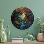 Stained Glass Theme Decorative Ceramic Plate Round Porcelain Plate,10 inch,Sunrise Forest Stream Pattern,for Decorative Ornaments Giving Plates, 1 Plate with 1 Display Stand,Multicolor