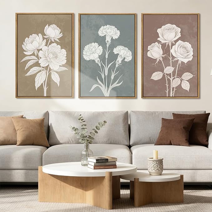 BINCUE Boho Floral Wall Painting Framed Botanical Wall Art Decor Flower Print Flower Artwork Floral Art Prints Flowers Pictures for Living Room Bedroom Dining Room Farmhouse 16x24 Inch Set of 3 Gift