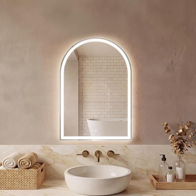Sweetcrispy 20“x 28” LED Bathroom Backlit Mirror with Lights, Arched Lighted Bathroom Vanity Mirrors with Anti-Fog, Dimmable, 3-Color Light, Memory Function, Tempered Glass, Water-Proof Design