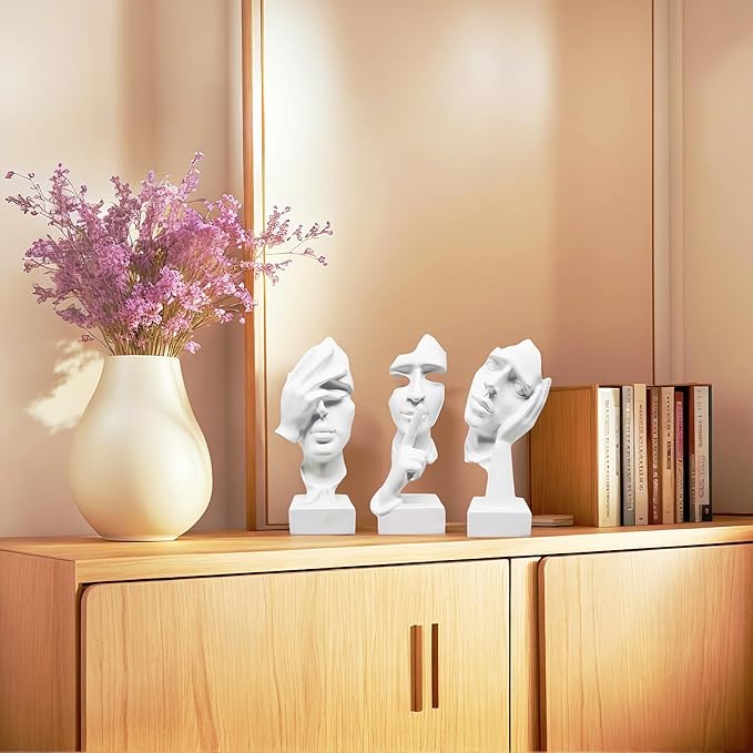 aboxoo Large Size 3 Pcs Thinker Statue, Silence is Gold, See No Evil Hear No Evil Speak No Evil Statues, Modern Resin Sculptures Decor for Living Room Home, Office, Study (White)