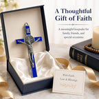 TALPGOD St Benedict Crucifix Silver Blue 7.2 Inch,Crucifix Wall Cross for Catholic Decor,Jesus Christ Hanging Cross Wall Art Decor,Escapularios Catolicos,Saint Benedict Medal for Home Decoration