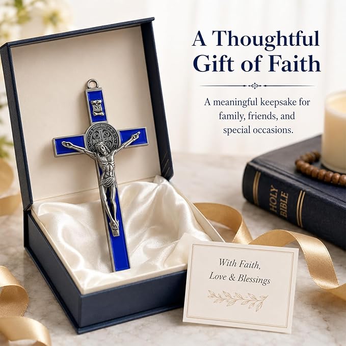 TALPGOD St Benedict Crucifix Silver Blue 7.2 Inch,Crucifix Wall Cross for Catholic Decor,Jesus Christ Hanging Cross Wall Art Decor,Escapularios Catolicos,Saint Benedict Medal for Home Decoration