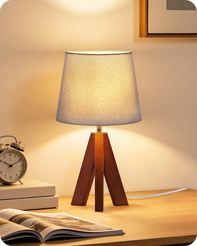 Tripod Table Lamp, 14.6" Small Bedside Lamp with Gray Linen Shade & Dark Wood Base, Modern Nightstand Lamp for Bedroom, Kids Room, Living Room, Nursery, Office, E26 Socket, LH51TL05