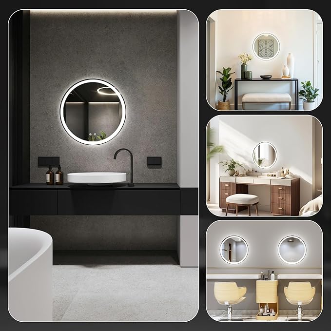 DUMOS 24 Inch Round LED Bathroom Mirror with Lights, Circle Vanity Mirror with Anti-Fog, Dimmable, 3-Color Light, Front Light and Backlit, Memory Function, Tempered Glass