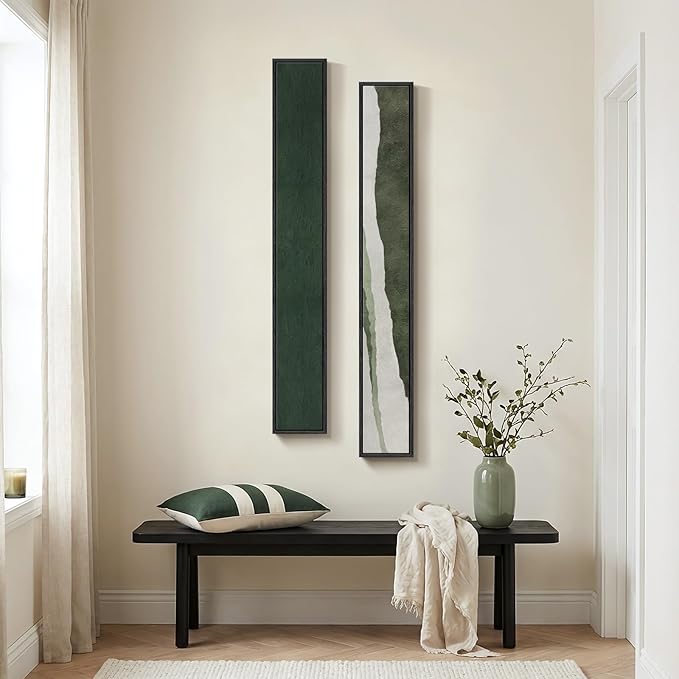 Long Narrow Framed Green Vertical Abstract Wall Art Set, 2 Piece Modern Canvas Prints Paintings Artwork for Walls, Green White Minimalist Pictures for Living Room Bedroom Entryway Hallway Wall Decor