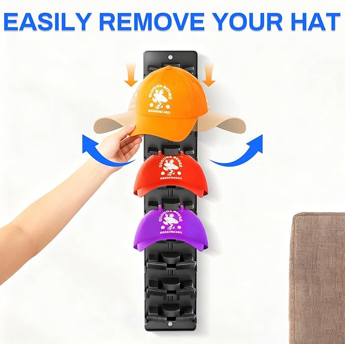 BRIGHTWORLD Hat Rack for Baseball Caps, 2 Pack Hat Rack for Door Hold Up to 20 Hats, Baseball Cap Organizer, Hat Organizer for Closet Door Bedroom (Adhesive or Screw Mount) BLACK