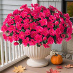 HyeFlora Artificial Faux Outdoor Flowers Plants for Spring Summer Decoration, Fake Silk Hotpink Camellia UV Resistant Look Real for Planter Outside Front Door Porch Patio Balcony, 3 Large Bundles