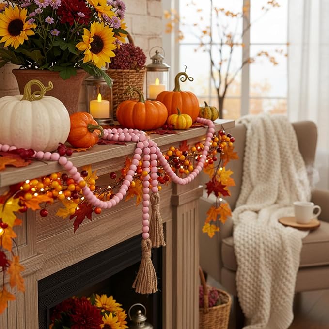 Equsion Seasonal Wooden Bead Garland with Tassels, 3.3 ft Holiday Vintage Boho Bead Garland Easter Tray Decoration, Vase Wall Room Art Birthday Party Decoration(Pink)