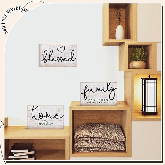 Jetec 3 Pcs Family Home Blessed Rustic Wood Sign Mini Wood Decorative Farmhouse Woodworks Table Shelves Decorations Sign for Bedroom Kitchen Living Room Table Decor(Retro Color,4.25 x 2.76 x 0.59 in)