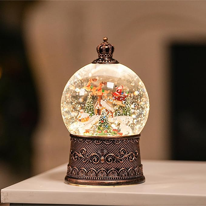 Snow Globe Christmas with Elk, Lighted Christmas Snow Globes with Timer, Swirling Musical Glittering Snowglobe Lantern for Decorations(SnowTrain Elk)