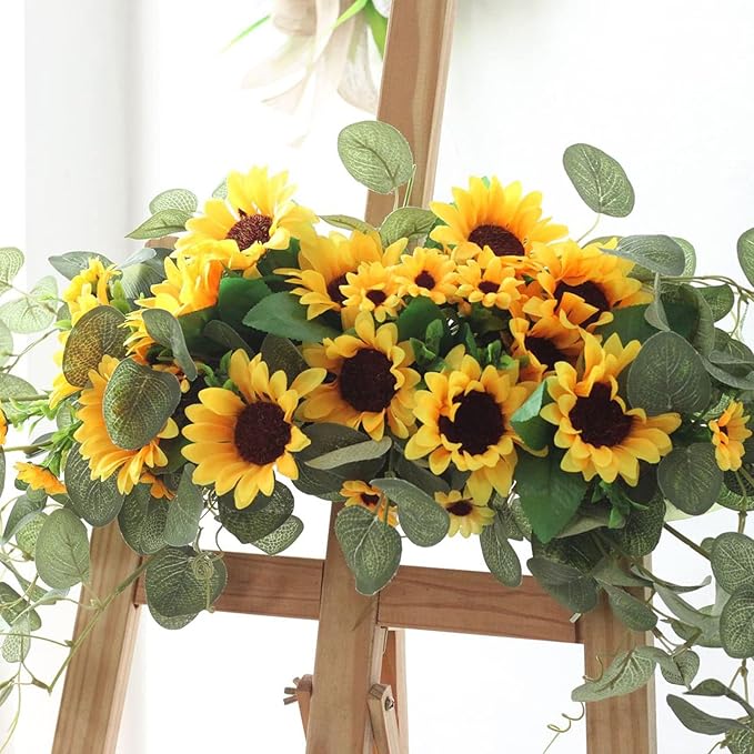 Artificial Sunflower Swag,Handmade Floral Garland Decorative Swag with Green Leaves,Handmade Floral Wreath Decorative Sunflower Wreath,Hanging Arch Garland