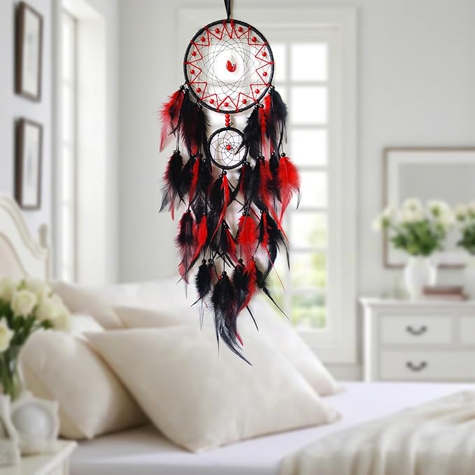 Black and Red Dream Catcher Wall Decor Feather Dream Catchers with Pendant Handmade Dreamcatcher Wall Hanging Ornament for Bedroom Living Room Home Decor