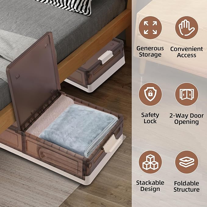 FAHKNS 2 Pack Under Bed Storage with Wheels, 17.2Gal Stackable Under Bed Storage Containers with Lids, Plastic Collapsible Organizer for Clothes and Shoes, Grey