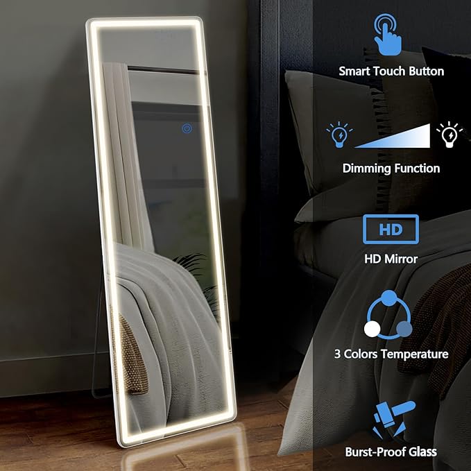 DUMOS LED Full Length Floor Mirror, 20"x63" Full Body Standing Mirror with Lights, 3 Color Lighting, Hanging or Leaning, Wall Mounted, Modern Simple Home Wall Decor, White