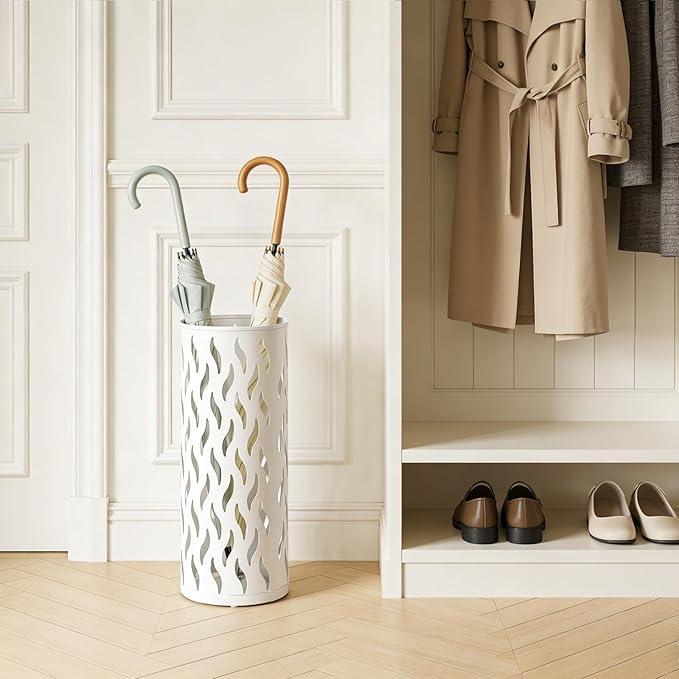 Umbrella Holder, Metal Umbrella Stand for Entryway, Umbrella Storage Rack with 4 Hooks Decor, Home, Office,5.8 × 5.8 × 16.4 (White)