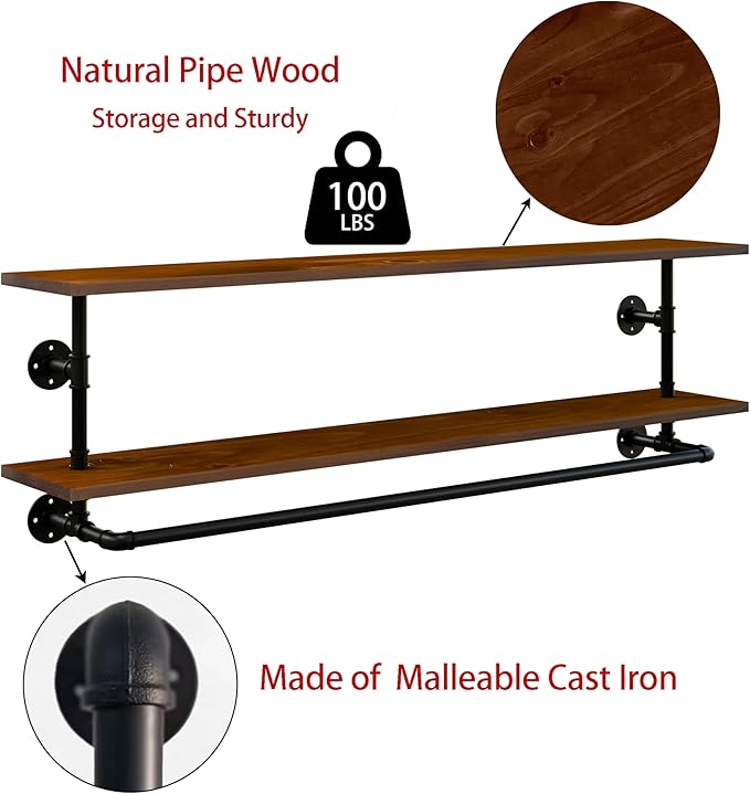 Clothes Rack 60in, Wall Mounted Garment Rack with Real Walnut Wood Shelf, Heavy Duty Hanging Clothes Rack, Multi-Purpose Hanging Rod, Space-Saving Closet Storage (Walnut, 2T60IN)