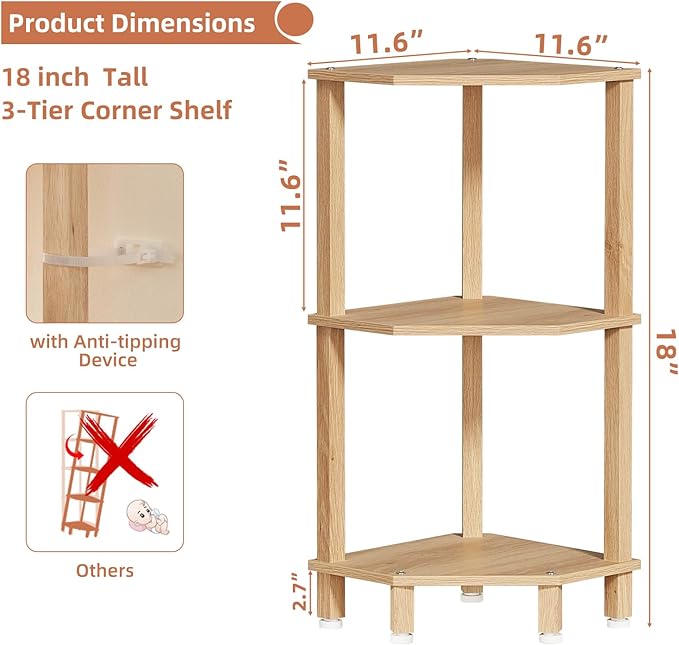 YUFAM 3-Tier Corner Shelf with Sturdy 5-Leg Base, Wooden Corner Bookshelf for Small Spaces, Small Corner Table for Living Room, Bedroom, Bathroom, Natural