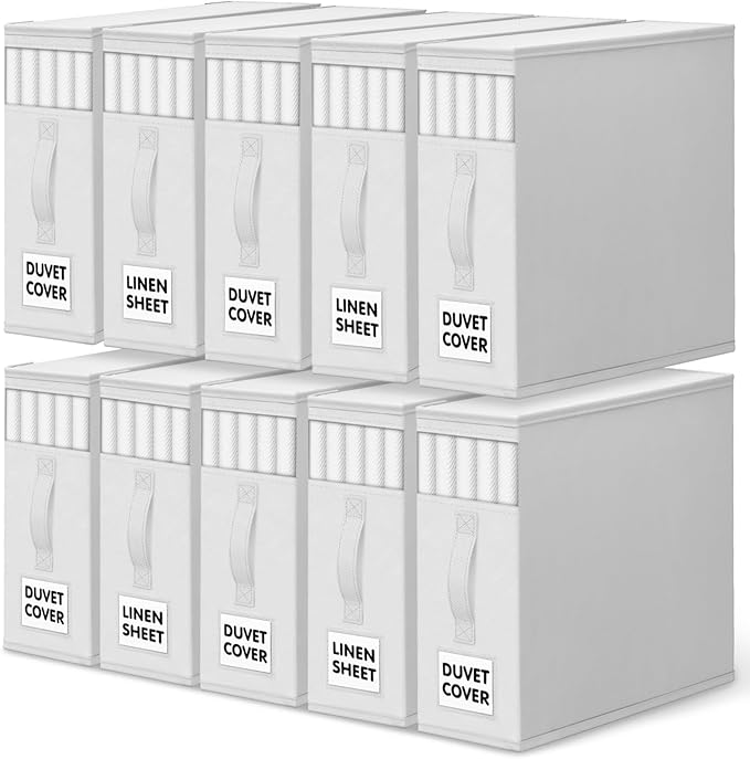 WOWBOX Sheet Organizers and Storage,Closet Bed Sheet Organizer Under Bed Storage and Organization with Label Cards & Clear Window for Bedding Sheets,Duvet Covers,Blankets (10 Pack，White)