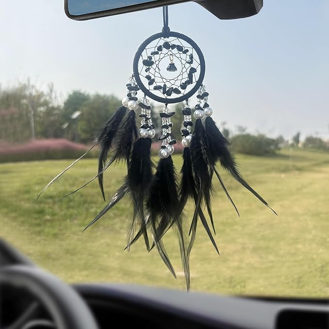 Mini Dream Catcher for Car Rear View Mirror Accessories,Handmade Small Dream Catchers Boho Car Charm Interior Decor（Black）