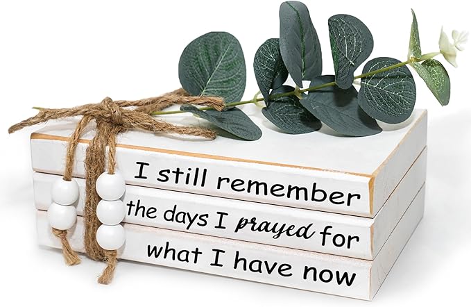 3 Pieces Wooden Decorative White Books, Rustic Farmhouse Faux Books for Coffee Table Shelves with Wood Bead Tassels and Leaves, 7'x 4.6'x 2.5' (Prayed)