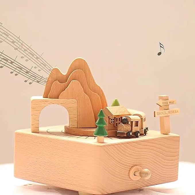 Natural Solid Wood Handcrafted Beech Wooden, Musical FigureTotoro/Carousel/Fairy/Ballerina Figurine,Rotating Hand Crank Mechanism Music Box,Musical Decorations (Mountain and Train)