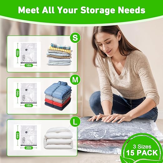 Vacuum Seal Bags for Clothing with Wireless Electric Pump - Travel & Home Use, 15 Pack Ideal Space Saver Vacuum Storage Bags, Ultimate Travel Vacuum Bags for Luggage