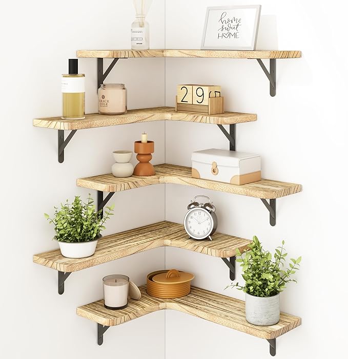 Fixwal Floating Shelves for Wall Set of 5, Rustic Wood Wall Mounted Corner Shelf for Bathroom, Kitchen, Bedroom, Home Decor, Laundry Room, Living Room (Carbonized Black)