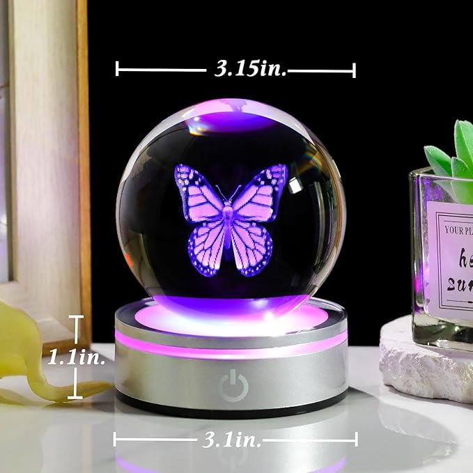 Movdyka 3D Crystal Ball Figurine Butterfly Gifts for Women Men Decorations Night Light, Laser Engraved Butterfly Ornament Glass Snow Globe Room Art Decor Crafts
