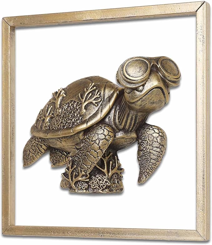 Newinhome Animal Heads Wall Decor (Includes Metal Frame) Resin sea turtle Sculptures Wall Hanging Decoration Gold vintage Wall Sculpture for Living Room Bedroom Office(Turtle)