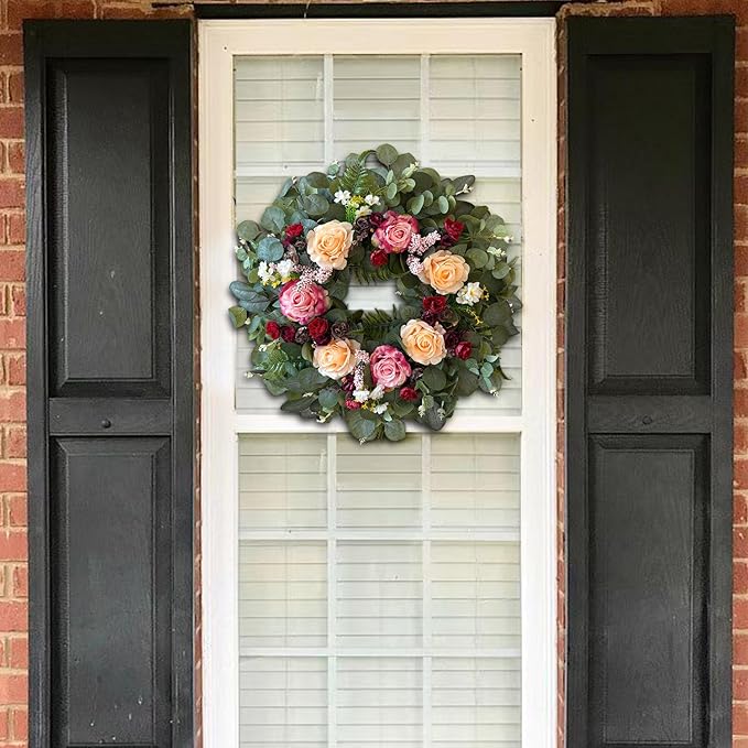 WANNA-CUL 24 Inch Spring Wreaths for Front Door,Spring Mothers Day Wreath Gifts Decorations with Pink,Champagne, Burgundy Rose and Eucalyptus Leaves for Valentines Day,Wedding or Indoor&Outdoor Decor
