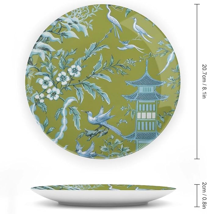 Pagoda Garden Imperial Vintage Plates for Display Asian Green Chinoiserie Household Display Supplies Farmhouse Festival Holiday Party Decorations Personalized Gifts for Men Women Holiday