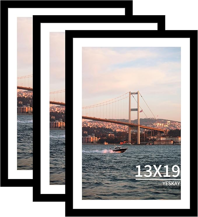 13x19 Picture Frame 3 Pack - Black Poster Frame Display Pictures 11x17 with Mat or 13 x 19 Without Mat for Wall Hanging Horizontal and Vertical