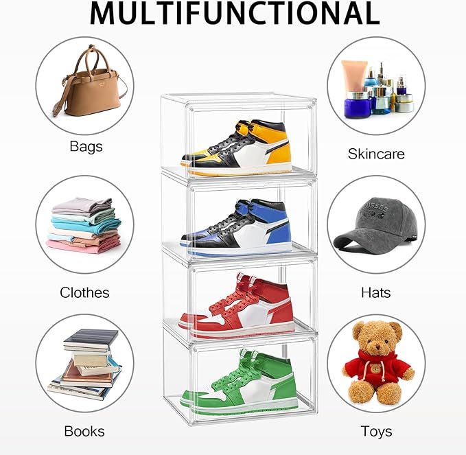 Acrylic Shoe Box, Sneaker Display Case Transparent Box Shoe Storage Bins Clear Plastic Stackable Boot Handbag Organizer Containers with Lids, 1Pack Size 12