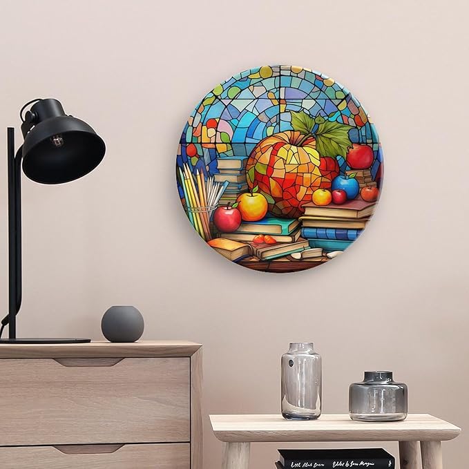 Decorative Plates for Wall Hanging, Back to School Stained Glass Painting Ceramic Plate w/ Display Stand, Home Decor for Kitchen Cabinets, Farmhouse Round Tray 10 Inch, Gift for Teacher Or Student