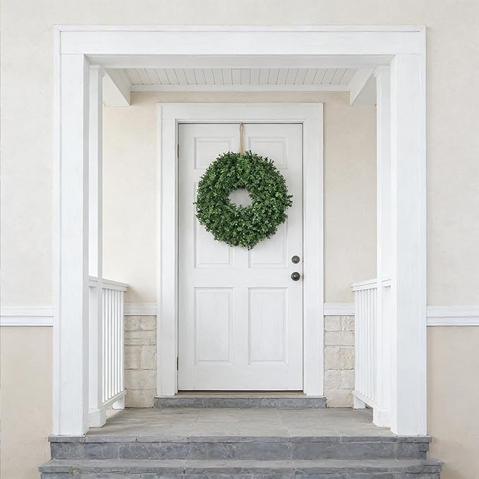 24 Inch Artificial Boxwood Wreath for Front Door – Lush Green Leaf Wreath for All Seasons, Faux Boxwood Door Decor for Farmhouse, Porch, Wall, and Indoor Outdoor Home Decoration (1, 24 Inch)