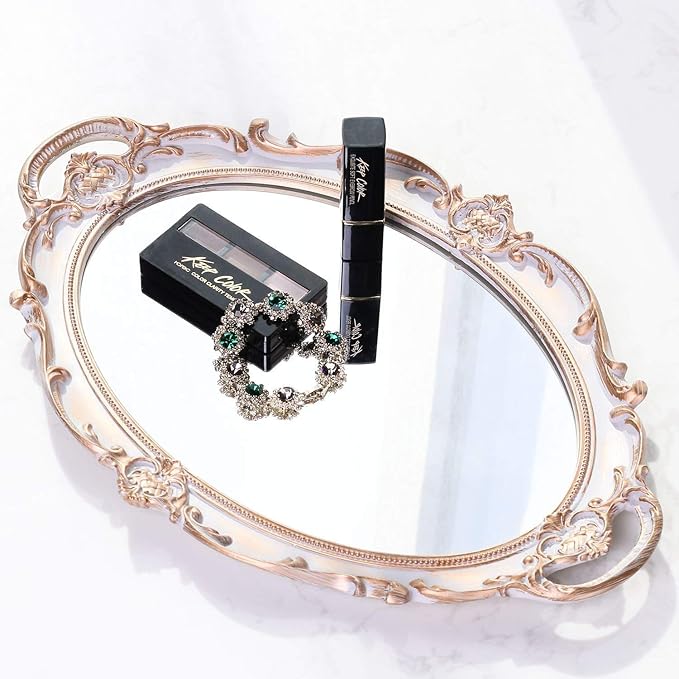 Polyresin Ellipse Antique Decorative Mirror Tray, Makeup Organizer, Jewelry Organizer, Serving Tray, 9.8”x 14.6”, Golden Gray