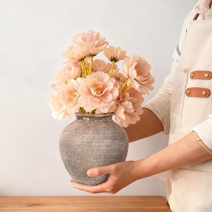 Ceramic Flower Vase Home Decor, 6.2 inch Farmhouse Rustic Vintage Decorative Vases, Pottery Terracotta Boho Flowers Vases for Dining Table, Living Room, Shelf, Kitchen, Bedroom (6.2"-Terracotta)