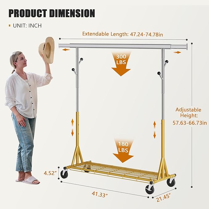 Rolling Clothes Rack Load 530lbs,Heavy Duty Garment Rack With Sturdy Wheel And Shelves, Adjustable Portable Hanging Rack For Clothes, Gold