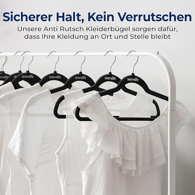 SereneLife Premium Non-Slip Velvet Hangers-Space Saving Heavy Duty Slim Suit Clothes Hanger Set with 360 Degree Swivel Metal Hook,Can Hold Up to 10 Lbs.for Coats, Jackets,Pants & Dress (50-Pack),Black