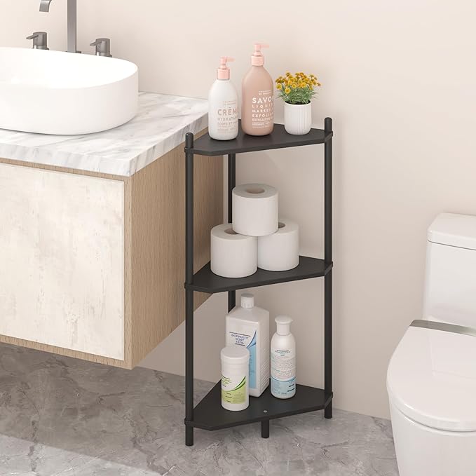 Wisuce Corner Shelf Stand - 3 Tier Bamboo Small Corner Bookshelf for Office Kitchen Bedroom Plant Stand Living Room Decor Small Space (Black)