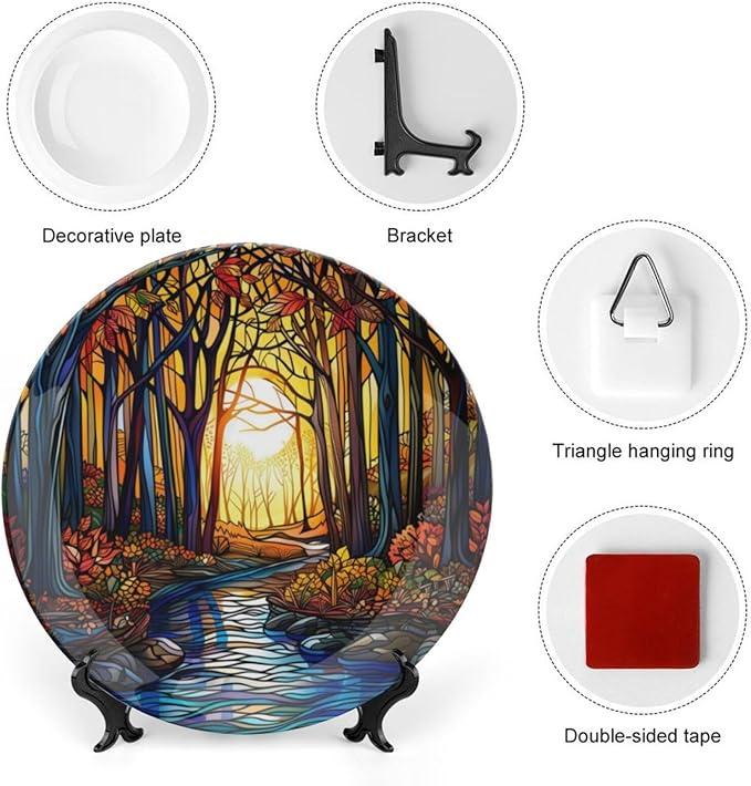 Stained Glass Theme Decorative Ceramic Plate Round Porcelain Plate,6 inch,Sunset Forest Stream Pattern,for Decorative Ornaments Giving Plates, 1 Plate with 1 Display Stand,Orange Blue