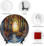 Stained Glass Theme Decorative Ceramic Plate Round Porcelain Plate,6 inch,Sunset Forest Stream Pattern,for Decorative Ornaments Giving Plates, 1 Plate with 1 Display Stand,Orange Blue