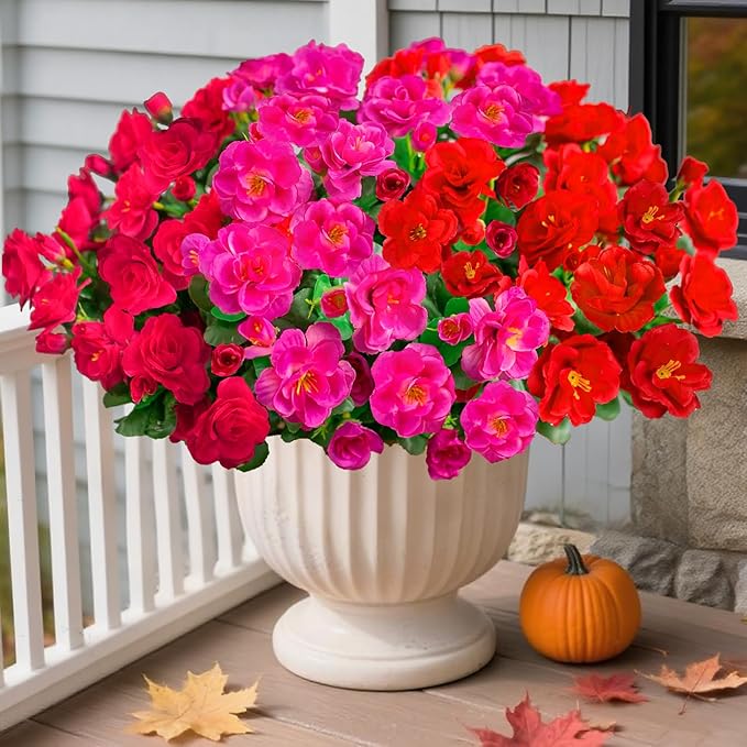 HyeFlora Artificial Faux Outdoor Outside Flowers Plants for Spring Decor, Fake Silk Colorful Camellia UV Resistant Look Real for Planter Front Door Porch Patio Balcony Decoration, 3 Large Bundles