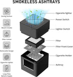 Aluminum Housing Smokeless Ashtray, Multifunctional 3 in 1 Smoke Ashtray with Lighter & USB Rechargeable, HEPA Filter, Home or Office (Black)
